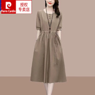 皮爾卡丹（pierre cardin）氣質(zhì)連衣裙2025年新款夏季女中長(cháng)款收腰顯瘦遮肚a字短袖色裙子 卡其色 XL 建議118-132斤