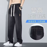 查佰倫 CHELDBAILANNC牛仔褲男松緊腰秋冬季高檔寬松直筒潮流休閑日系簡(jiǎn)約闊腿長(cháng)褲子男 黑色【單件裝】 L 【建議100-120斤】