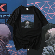 陌汀潮牌宇航員夏季新款短袖男T恤寬松純棉情侶裝半袖學(xué)生大碼上衣服 黑色 L