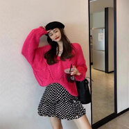 尚簡紛ins女裝超火韓國慵懶風設計鏤空領毛衣女春夏新款小加絨露肩針織 玫紅色 均碼