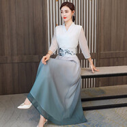 憶念素仙春季款漢服女古裝改良唐裝古風(fēng)女裝中國(guó)風(fēng)文藝復(fù)古禪意茶服連衣裙 白色漸變連衣裙 M