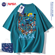NASA GISS短袖t恤男純棉夏季潮流男裝圓領(lǐng)半袖男女學(xué)生情侶上衣寬松體恤衫 NS8099孔雀綠 L 建議135-155斤