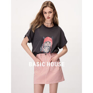 BASIC HOUSE/百家好卡通印花涼感t短袖2024夏季新款翻邊高級(jí)感寬松t恤女洋氣 深灰 S