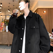 衣然呈品夾克男士春夏款休閑復(fù)古破洞高街潮牌痞帥寬松百搭保暖牛仔外套男 黑色【常規(guī)】 L 【建議105-125斤】