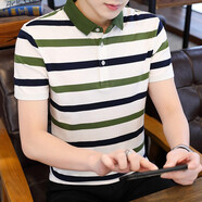 普鴕 定制印字青年男裝衣服男polo純棉體恤韓版潮牌半袖男翻領短袖t恤男條紋夏裝保羅上衣8016 綠色條紋 4XL