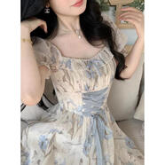 梵詩(shī)哲茶歇法式溫柔風(fēng)方領(lǐng)碎花連衣裙女夏季大碼系帶收腰甜美印花長(cháng)裙子 藍碎花 l105-120斤