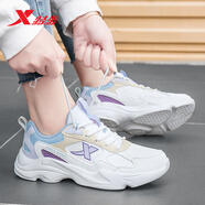 特步女鞋運動(dòng)鞋冬季新款皮面透氣休閑老爹鞋子輕便軟底跑步鞋女 帆白/米色/夕霧藍-0060 36