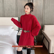 燕潯連衣裙女秋冬新款2025女裝小個子加厚保暖毛衣裙中長款針織裙子女 紅色 均碼 建議85-135斤