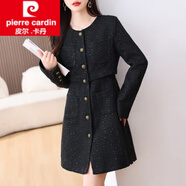 皮爾卡丹（pierre cardin）小香風(fēng)毛呢長袖連衣裙女秋冬季2025新款氣質(zhì)短裙子女裝冬品 黑色高端中長*款 L 105-116斤