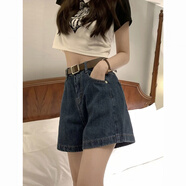 云皎復古深藍高腰小個(gè)子牛仔短褲女夏季新款寬松百搭a字闊腿熱褲 復古藍 M 【95-105斤】