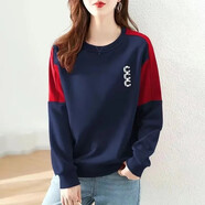 莎羽依含棉衛(wèi)衣女2024春秋新款長(zhǎng)袖t恤拼色寬松顯瘦外穿打底衫秋衣女潮 藍(lán)色[白色字母C)] XL建議[105-125斤]