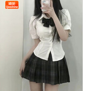 婍妡日系jk制服收腰襯衫上衣女短袖學院風泡泡袖白色襯衣jk套裝 收腰襯衫單件 M