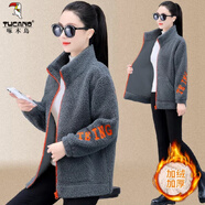 啄木鳥(niǎo)羊羔絨加絨加厚外套女2025新款秋冬季寬松韓版拉鏈開(kāi)衫羊羔毛夾克 灰色 M 【建議100斤內】