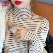 歐芙倫條紋針織衫女半高領(lǐng)洋氣秋冬加厚保暖內搭打底衫女毛衣套頭上衣 杏色 均碼