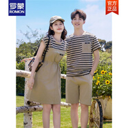 羅蒙（ROMON）炸街情侶裝夏裝2025新款韓版網(wǎng)紅條紋短袖T恤感一男一女套裝 男套裝 L
