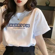 歐洛黛純棉短袖t恤女寬松新款夏季韓版半袖女士上衣百搭T白色短袖女裝 白色CHERRT字母 XL