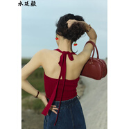 小吊帶背心女美背內(nèi)搭打底外穿上衣荒野紅薔薇 囍魚少女復古港風掛脖綁帶平口吊帶針織顯瘦背心吊帶 酒紅色 L