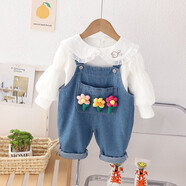 可歆寶貝女寶寶衣服春秋季2023新款洋氣時髦女童背帶褲兩件套兒童套裝秋裝 藍色 100碼建議2-3歲（身高95左右）