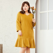 美麗客棧2023春秋新款大碼女裝連衣裙加肥加大顯瘦毛呢連衣裙 黃色（現(xiàn)貨） 大碼L