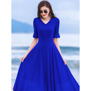 【特價(jià)撿漏】高檔輕奢品牌紅色裙子2022女夏新款小個(gè)子長(cháng)款大擺雪紡連衣裙超仙氣質(zhì)沙灘長(cháng)裙 (寶藍色連衣裙-五分袖) L(建議100-110斤)