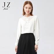 玖姿（JUZUI）蕾絲拼接氣質(zhì)雪紡衫春款女優(yōu)雅通勤系帶簡(jiǎn)約上衣 米白 M