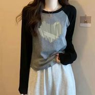 歐洛黛長袖t恤女春秋裝女新款洋氣遮肚子顯瘦時尚插肩袖百搭秋季女上衣 灰色綠愛心-長袖 XL
