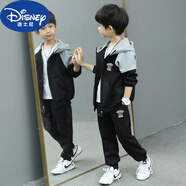 迪士尼（Disney）男童秋裝套裝新款洋氣潮兒童中大童套裝春秋運(yùn)動(dòng)服開衫兩件套男 拼色開衫08黑套裝 130