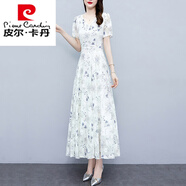 皮爾卡丹碎花雪紡連衣裙子女士夏季2024年新款高等大號(hào)遮肉顯瘦氣質(zhì)中長(zhǎng)裙 藍(lán)灰花 XL (118-129斤)