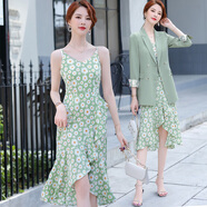 小雛菊碎花職業(yè)吊帶連衣裙女休閑西裝外套內(nèi)搭氣質(zhì)時(shí)尚套裝工作服 單抹茶綠吊帶連衣裙 4XL