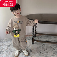 樂(lè)芭鼠男童套裝秋裝新款兒童衣服男寶寶套裝春秋帥氣小熊衛(wèi)衣中小童褲子 卡其色（小熊套裝） 110碼  建議3-4歲 (身高105左右)