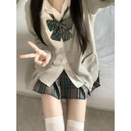VJWK秋冬穿搭jk制服小香風(fēng)套裝日系jk制服針織開衫百搭款甜美秋冬學(xué)院 白襯衫+領(lǐng)結(jié)+青碧格裙 三件套 M