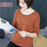 橫行道2024純色打底衫五分袖女裝寬松簡(jiǎn)約韓版外穿中年中袖上衣t恤 焦糖色 4XL