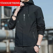 YOOOURTHING男士休閑夾克青年時尚休閑連帽外套男城市輕戶外春秋冬加絨夾克男 XZ1402-2130-黑色 2XL 【建議120-150斤】