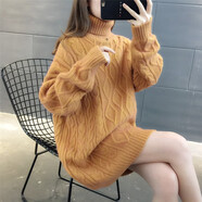 記述新款女裝中長(zhǎng)款寬松半高領(lǐng)加厚保暖毛衣女寬松慵懶風(fēng)撞色針織上衣 A款黃色 L #(建議95-115斤)