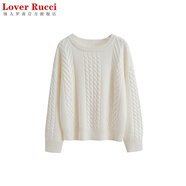 LOVER RUCCI100%全棉紅色毛衣女秋冬粗針麻花寬松外穿長袖內(nèi)搭純棉針織打底衫 白色 XL碼【126-135斤】