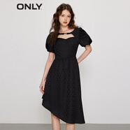 ONLY時尚短泡泡袖中長款雪紡連衣裙女|123107076 H1Z黑色 L (170) 88A