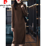 皮爾卡丹（pierre cardin）長款過膝羊毛針織連衣裙女半高領(lǐng)直筒保暖內(nèi)搭加厚長袖毛衣連衣裙 古木咖 M