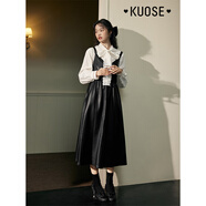 闊色（kuose）棕色pu皮v領(lǐng)吊帶連衣裙女新款秋冬美拉德穿搭長(zhǎng)裙皮裙子 黑色 M