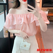 瑪菲萱短袖雪紡襯衫女新款夏季法式鎖骨感一字肩甜美上衣超仙 粉紅色 S 建議80-95斤
