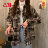 UKMR加絨加厚格子襯衫女復古港味chic寬松毛呢外套休閑襯衣上衣夏 黑色格子【面料】 L 95-120斤