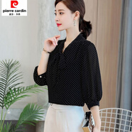 皮爾卡丹新款波點(diǎn)印花蝴蝶結系帶襯衫2026夏洋氣打底女式甜美顯瘦上衣 黑底小波點(diǎn) 2XL 建議115-125斤
