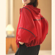 KANJOOP防曬衣女2024春夏季輕薄撞色連帽寬松防曬服女薄款新款上衣百搭女 紅色 L 【建議100-115斤】