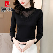 皮爾卡丹（pierre cardin）洋氣蕾絲黑色打底衫女春秋2025新款網(wǎng)紗長袖T恤秋冬內(nèi)搭保暖上衣 黑色 M 96-105斤