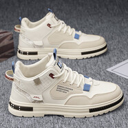 潮小二高幫男鞋春季2024新款增高鞋子潮流板鞋運動(dòng)休閑白鞋百搭鞋子男 卡其-B36 39