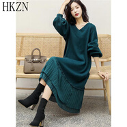HKZN【微胖女生穿搭】大碼女裝毛衣200斤寬松顯瘦新款秋冬針織打底裙胖妹妹過(guò)膝連衣裙 墨綠 大碼2XL140-160斤穿
