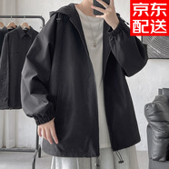 牧柒帛（MUQIBO）春秋季連帽夾克男韓版潮流寬松百搭褂子大碼胖子純色上衣外套男 黑色 XL