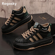 Rogosky香港潮牌老爹鞋青年冬季新款休閑厚底短靴英倫高幫貝殼頭板鞋男 黑色增高版 41 皮鞋碼