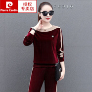 皮爾卡丹（pierre cardin）母親款洋氣新款春秋休閑時(shí)尚運(yùn)動(dòng)跑步服金絲絨套裝女兩件套套裝潮 酒紅色【高品質(zhì)套裝】 L(建議100-110斤)
