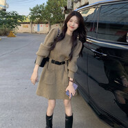 燕潯連衣裙女秋冬新款2025女裝小個子加厚保暖毛衣裙中長款針織裙子女 淺咖色(帶腰帶)  均碼 建議85-135斤