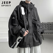 JEEP SPIRIT美式大碼沖鋒衣男加肥加大300斤秋春秋工裝連帽夾克外套春秋薄款 黑色 7XL (250至275斤可穿)